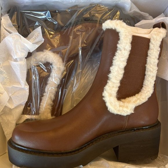 CALVIN KLEIN Boots Chunky Platform Booties Brown Ankle Boot Women’s Size 6.5 NIB - Picture 8 of 16